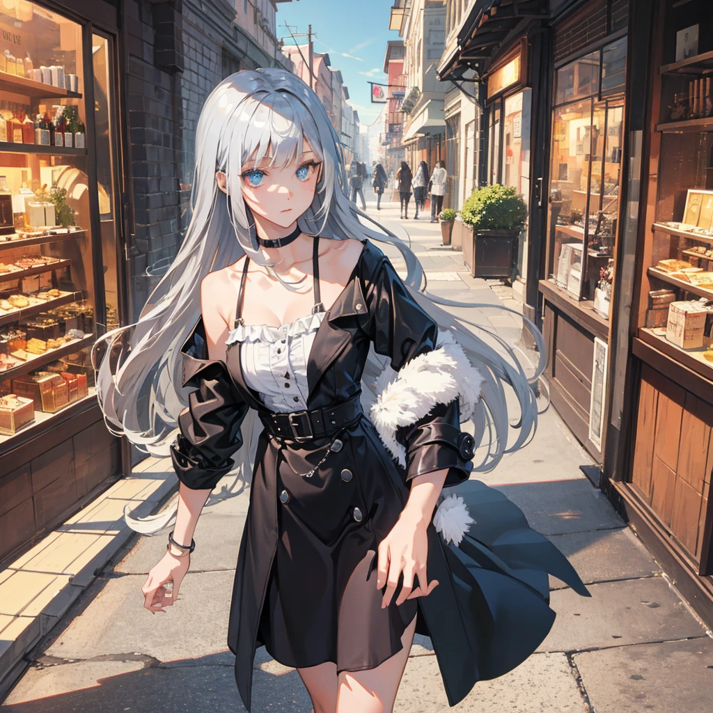 ((masterpiece, best quality)), (1girl), (solo), (female focus), (deep gray hair, long hair, straight hair, hime hair, straight bangs, blunt bangs), girl has heterochromia, different coloured eyes, her right eye is red, her left eye is gray ((leather silver top), (silver leather skirt), (ash-coulored trench coat)),ideal quality, ideal Breasts, 
Cloudy sunset street background 
Street has historical 18th century Europe architecture
(((High detailed ))) 
