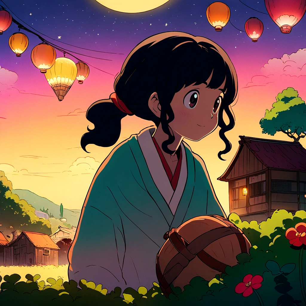 Two beautiful young men and women in a hot air balloon with stars and rural farmland in the background. Studio Ghibli cartoon animation style. The boy has black hair and wears a white shirt, while the girl has a long curly ponytail. In the background are small Japanese village houses, green trees, blue sky and a bright crescent moon in the night sky. Warm lights are on, and green trees and flowers are blooming under the moonlight. The colorful sky is full of vibrant bright colors. Moonlight shines through the woods at night, Studio Ghibli style, anime style, colorful, vibrant, cartoon, detailed, beautiful lighting, full moon, midnight, stars, magical, fantasy world. This scene is inspired by Hayao Miyazaki, creating a peaceful natural environment that brings endless tranquility to people. Hayao Miyazaki style, Studio Ghibli, warm colors, bright colors, soft shadows, tranquil atmosphere, natural landscape, high resolution, illustration, detailed, bright vibrant colors, cinematic lighting, studio lighting, surreal style, sharp focus, details, HDR, high image quality, high contrast, super resolution, 4K resolution.