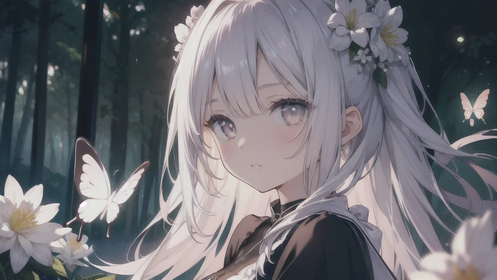 masterpiece, highest quality, female figure, white shiny eyes and hair, white nightgown, cute, (dynamic lighting:1.2), cinematic lighting, delicate features, fine eyes, sharp pupils, realistic student, Depth of bounds written, Bokeh, sharp focus, (very detailed, bloom, shine:1.4), mystical, lake and trees in background, mystic, glowy, dark, gloomy, silver butterflies