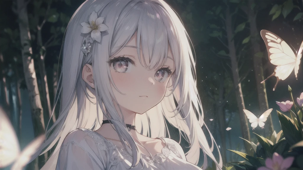 masterpiece, highest quality, female figure, white shiny eyes and hair, white nightgown, cute, (dynamic lighting:1.2), cinematic lighting, delicate features, fine eyes, sharp pupils, realistic student, Depth of bounds written, Bokeh, sharp focus, (very detailed, bloom, shine:1.4), mystical, lake and trees in background, mystic, glowy, dark, gloomy, silver butterflies