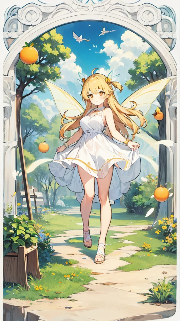 Showing the whole body, cute, baby face, big breasts, flying in the sky, in the forest, simple white dress, long hair, alone, short, fairy wings, honey blonde hair, lemon tree, orange eyes 