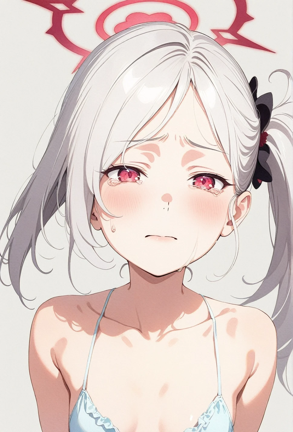 best quality, amazing quality, very aesthetic, absurdres, (1girl, mutsuki, blue archive, solo, red eyes, white hair, side ponytail), (artist official art:1.5), (realistic face), (cry, sad, lowleg bikini, ), (cowboy shot), (glowing eyes:1.3), (half closed eyes:0.9), (thigh), expressive eyes, perfect face, 4k, extremely detailed anime illustration, extremely detailed eyes, enhanced details, perfect anatomy, light rays, extremely delicate body, smooth skin, (gray background:1.5), beautiful face, small breasts,A watercolor painting of a girl with closed eyes, lips slightly parted in a bashful expression. Pastel colors, delicate brushstrokes.