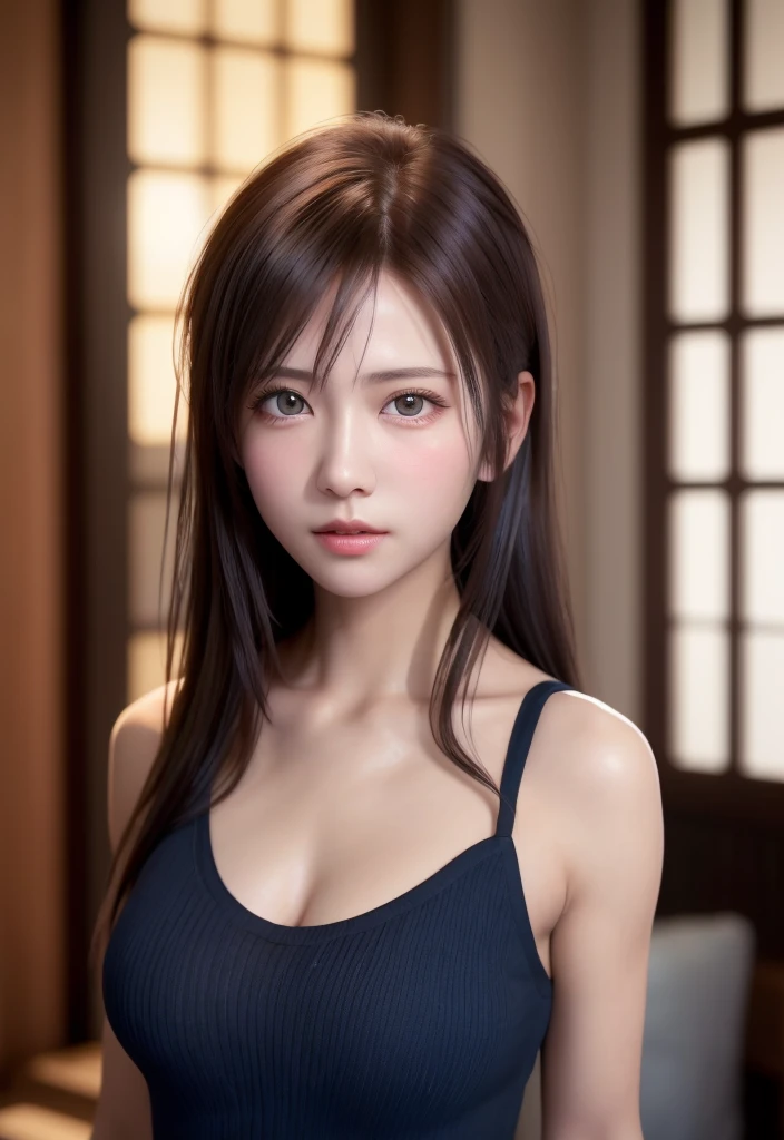 8K, of the highest quality, masutepiece:1.2), (Realistic, Photorealsitic:1.37), of the highest quality, masutepiece, Beautiful young woman, Pensive expression, Gentle eyes, sexy camisole、Hair tied back, Messy mood, Cinematic background, Light skin tone