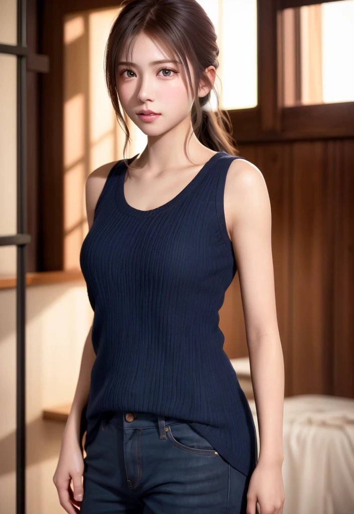 8K, of the highest quality, masutepiece:1.2), (Realistic, Photorealsitic:1.37), of the highest quality, masutepiece, Beautiful young woman, Pensive expression, Gentle eyes, sexy camisole、Hair tied back, Messy mood, Cinematic background,  Light skin tone