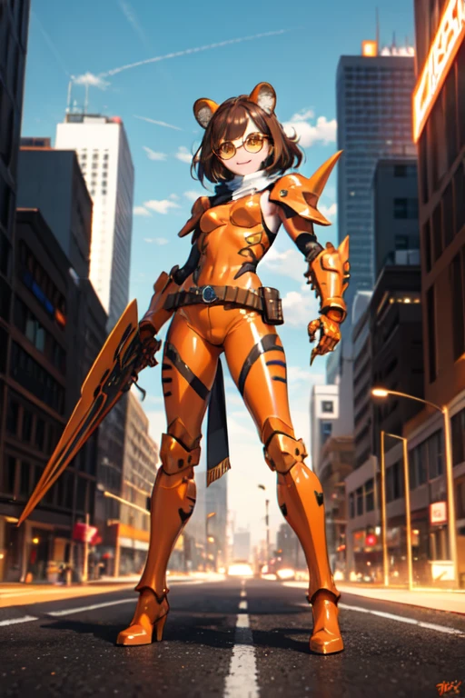 ((best quality)), ((masterpiece)), (detailed), 1 girl, full body, 20s, young adult, brown spiked aviator hat, aviator glasses, evil smile, long white scarf, gremlin, yellow eyes, brown hair sticking out from behind, brown neck, somewhat short, very thin, hunched over, long metal claws, spikes on forearms, brown details, large brown gloves, orange wristbands, orange nanotech suit, light armor, orange chest piece with an emblem, high shoulder pads, orange suit with brown stripes, brown tiger stripes, triangle emblem on her chest, very small breasts, orange emblem, orange pants, orange knee pads, metallic orange boots, metallic orange shoes, brown superhero belt, standing on a building, city background, anime