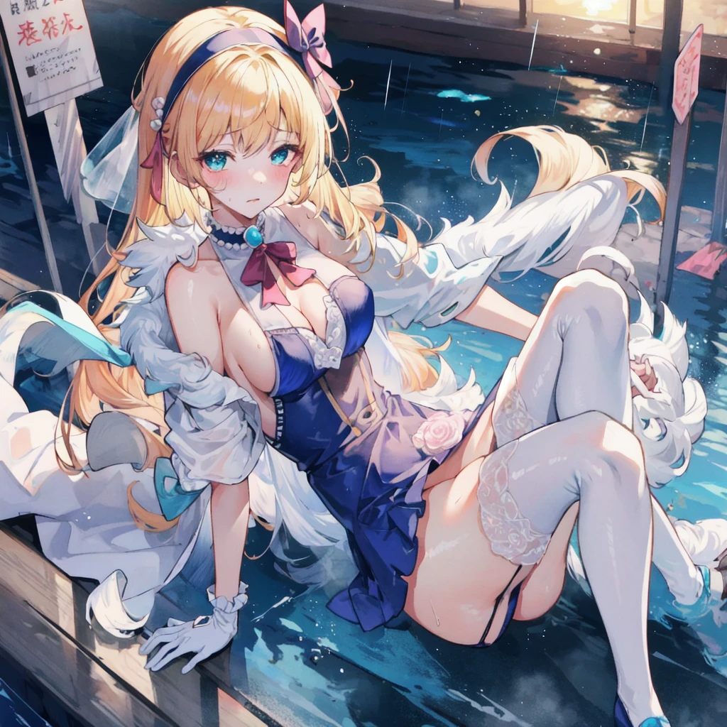 A large amount of sweat drips from the forehead,　Overall orange background in the evening　Sunset sunlight,Full body depiction on screen,　Glaring Eyes　Showing disgust　Huddle together　Blonde Long Hair　anime　　Romanesque style　 Super Curly Hair　Super long sideburns　See-throughの衣服　Wet and sheer pearl skin turtleneck wedding dress　３人の少女達がcuteポージング　Pool at night　Droopy eyes　Peach ribbon headband　天蓋付きのcuteベッド　Aqua Blue Rubber Sheets　Aqua Blue Rubber Bed　Lying down　Sad face　Embarrassing　Blushing　Wet and transparent pearl skin berry long skirt　Wet and transparent pearl skin tights　Wet and transparent pearl skin innerwear　Rubber luster　Multiple pink ribbons　Soaked in the rain　Wet and transparent pearl skin super long gloves　Wet and transparent pearl skin pantyhose　Hot Pink Garter Belt　cute　Pitiful　clear　Big eyes　Droopy eyes　Pale pink rouge　Shocking Pink Pink Long Boots　Wet and transparent pearl skin body　See-through　See-through　Wet　衣服が汗で濡れてSee-through　全てWet　The whole body is covered in oil and has a glossy appearance.　Steam is coming out of my whole body　Steam like a sauna room fills the entire screen.　White breath from the mouth　Highly detailed face, Perfect lighting, Highly detailed CG, (Perfect hands, Perfect Anatomy),Super detailed,　The whole body is covered in glossy oil.