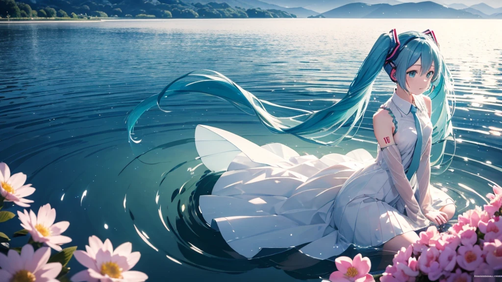 Hatsune Miku wearing a long transparent dress、Playing the harp by a quiet lake。In the background is a calm water surface.、Flowers illuminated by the morning sun々is spreading、Her light blue hair is soft and shiny.。