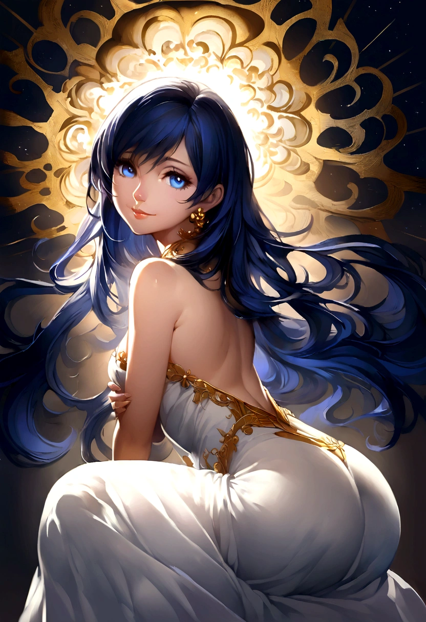 Manga-style illustration of a neko-girl, 20 years old, dark-blue hair cascading to mid-back, piercing blue eyes, adorned in a gold and white dress embracing her curves, striking a direct gaze, hands resting by her sides, exuding a serene smile, full frontal portrayal, digital painting, dramatic lighting, highly detailed.