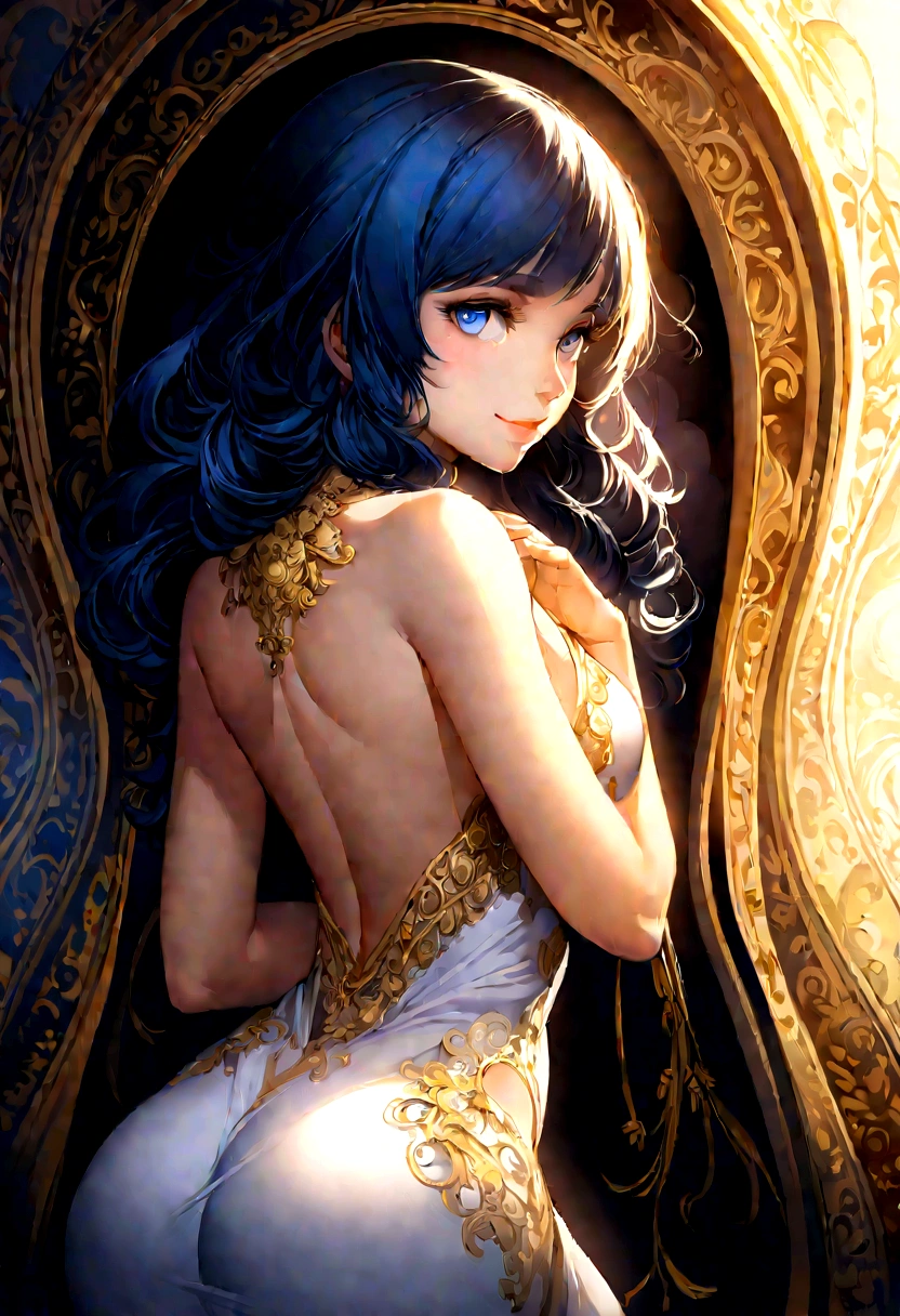 Manga-style illustration of a neko-girl, 20 years old, dark-blue hair cascading to mid-back, piercing blue eyes, adorned in a gold and white dress embracing her curves, striking a direct gaze, hands resting by her sides, exuding a serene smile, full frontal portrayal, digital painting, dramatic lighting, highly detailed.