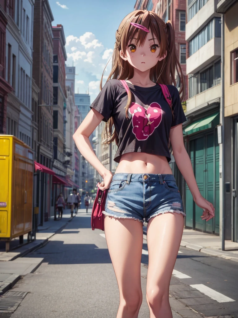 Girl, ************, slim tight t-shirt, short tight short, navel shown, street background, openlegs 
