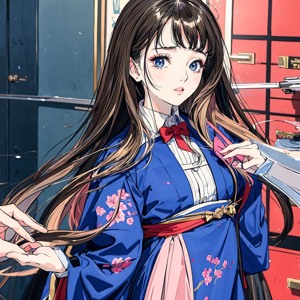Japanese lolita girl, bronde、Foliage plant、tall, wavey hair、young people who don't have a decent life,beautiful girl in blue new type Blazer uniform,wearing flashy makeup、has a metal rod、  smoke a cigarette,long skirt, 19 years old,wearing sunglasses、 beautiful girl, parmanent hair,holding a heat gun, luxury brand fashion,2020s Japanese under ground manga anime illustration, painting,fashion illustration,whole boby,