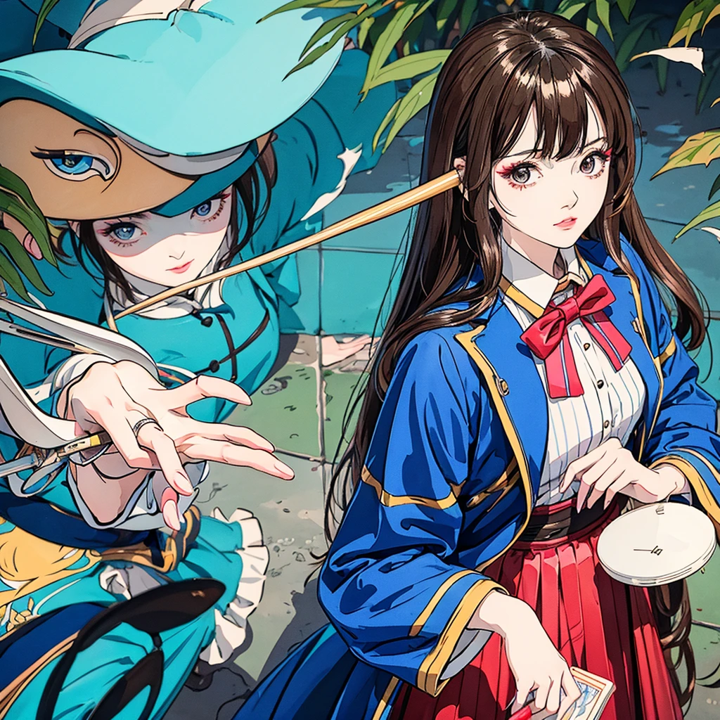 Japanese lolita girl, bronde、Foliage plant、tall, wavey hair、young people who don't have a decent life,beautiful girl in blue new type Blazer uniform,wearing flashy makeup、has a metal rod、  smoke a cigarette,long skirt, 19 years old,wearing sunglasses、 beautiful girl, parmanent hair,holding a heat gun, luxury brand fashion,2020s Japanese under ground manga anime illustration, painting,fashion illustration,whole boby,