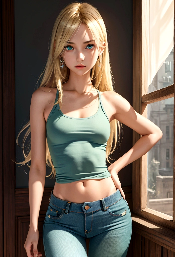 masterpiece, best quality, (extremely detailed CG unity 8k wallpaper), (best quality), (best illustration), (best shadow), absurdres, realistic lighting, (Abyss), beautiful detailed glow, full body picture, teenage girl, body, skinny, slim, jeans shorts, seductive, low waist jeans shorts, tank top, , very slim waist, skinny waist, , cute face, model, teen, light colored clothes, tight jeans shorts, green top, blond hair, light blue jeans, long hair, big eyes