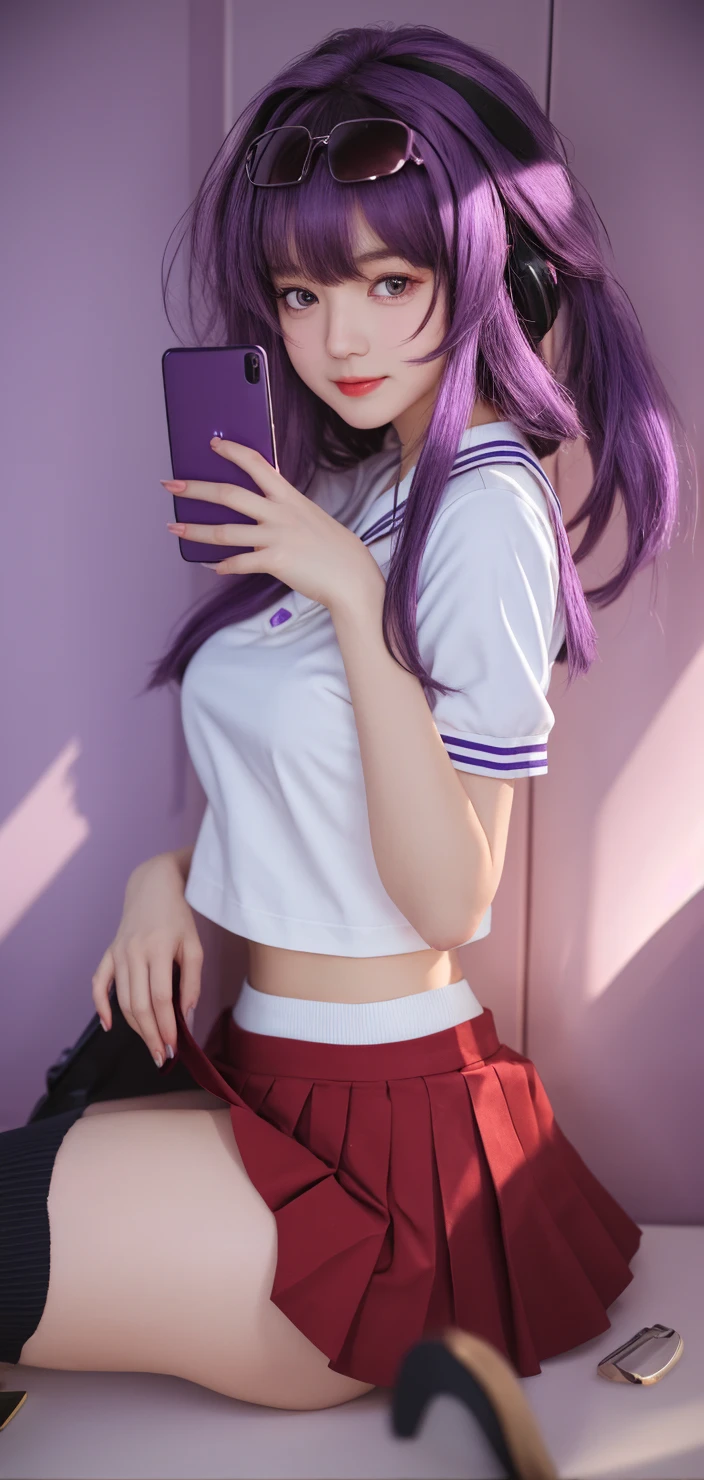 1 girl, alone, high quality, big tits, beautiful, slender, shoot from above BREAK Sparkling_eye, Purple Hair, Long Hair, pigtails, Star-shaped pupils, +_+, dance team uniform , embarrassing, blush