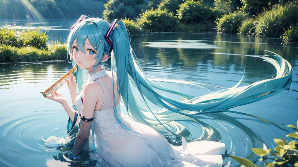 Hatsune Miku wearing a long transparent dress、Playing the harp by a quiet lake。In the background is a calm water surface.、Flowers illuminated by the morning sun々is spreading、Her light blue hair is soft and shiny.。
