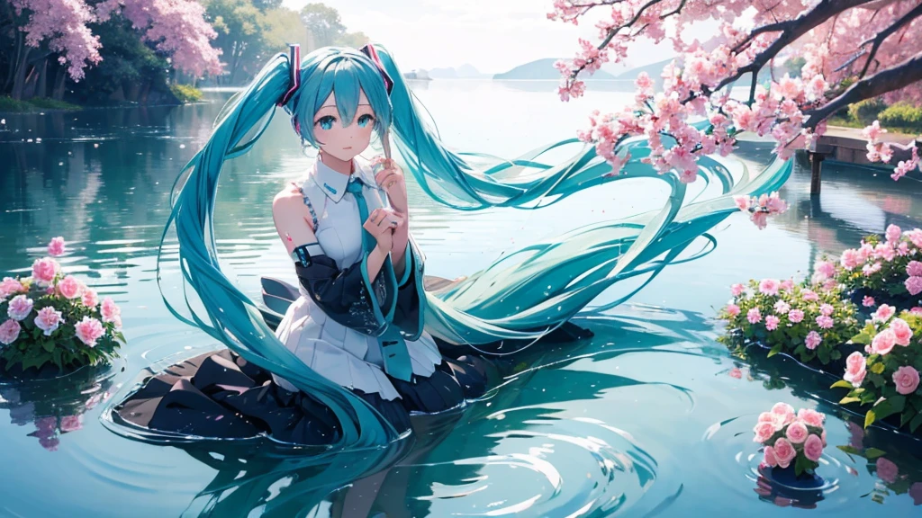 Hatsune Miku wearing a long transparent dress、Playing the harp by a quiet lake。In the background is a calm water surface.、Flowers illuminated by the morning sun々is spreading、Her light blue hair is soft and shiny.。