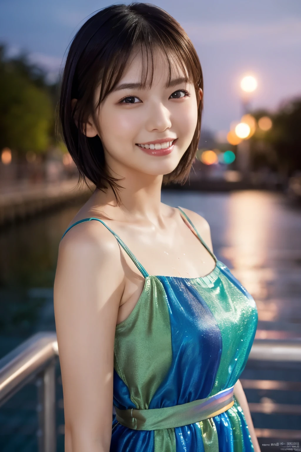 1 Girl, (Wearing a rainbow dress:1.2), (Supercluster), Very beautiful Japanese idol portraits, 
(RAW Photos, Highest quality), (Realistic, Realistic:1.4), (masterpiece), 
Very delicate and beautiful, Very detailed, 2k wallpaper, wonderful, finely, Very detailed CG Unity 8K wallpaper, Very detailed, High resolution, Soft Light, 
Beautiful detailed girl, Very detailed eyes and face, Beautiful and sophisticated nose, Finely beautiful eyes, Cinema Lighting, 
(Fashion magazine photography:1.3), (Outdoor), (Night lights), (water front), 
(short hair), 
Complete Anatomy, Slender body, Small breasts, smile