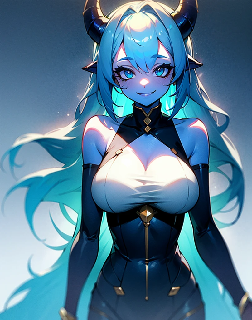 knee level shot of a 1 girl,gwen \ (league of legends\) ,black bow,black gloves,black legwear,blue eyes,blue hair,bow,collarbone,dress,drill hair, with a face, Anime screencap, Smirking, stylized, Generative Art, (art by Eileen Gray:1.1) ,show tits