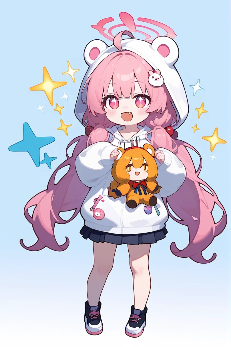 score_9,score_8_up,score_7_up,1girl, blue archive,fang,pink hair,solo,twintails,hood,ahoge,long hair,chibi,halo,low twintails,hair ornament,bangs,blush,smile,standing,full body,very long hair,open mouth,facing viewer,hair bobbles,hoodie,stuffed toy,long sleeves,hood up,stuffed animal,:d,skin fang,white hoodie,holding,simple background,=_=,sparkle,sleeves past fingers,animal hood,