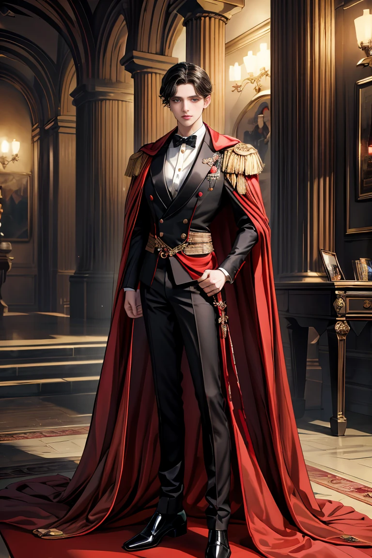 
masterpiece, 最high quality, high quality, 1 boy, alone, Male focus, Watching the audience,  Messy black hair, Adorable big blue eyes, White people, Noble, Noble,Sexy voluminous black and red cape、Tuxedo、A very voluminous, large, very large, very large, long, long red and black cape with a high stand-up collar, reaching down to the floor, made of a lot of fabric., 17 years old,Cute beautiful boys,Cute, cute, kind, handsome guy