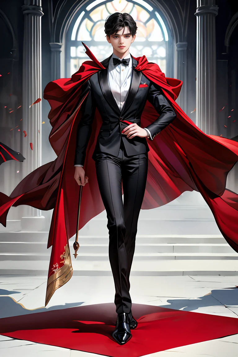 masterpiece, 最high quality, high quality, 1 boy, alone, Male focus, Watching the audience, Messy black hair, Adorable big blue eyes, White people, Noble, Noble,Sexy voluminous black and red cape、Tuxedo、A very voluminous, large, very large, very large, long, long red and black cape with a high stand-up collar, reaching down to the floor, made of a lot of fabric., 17 years old,Cute beautiful boys,Cute, cute, kind, handsome guy
