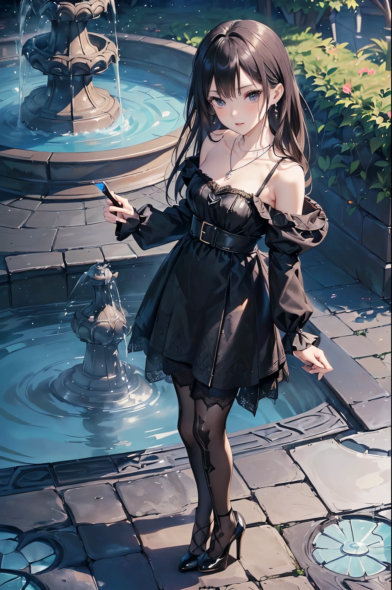 ((Biologically correct limb count))、(( From head to toe、Full-body photo including face))、4K、((Standing position))、masterpiece、((Focus on the face))、((Symmetrical facial features))、Eyes with detailed description、Beautiful woman、Great style、Beautiful arms、Beautiful legs、Beautiful Hands、(Small Ass、Thin thighs）、Facial detailing、Small earrings、necklace、(White see-through gothic dress、((High heels、Patterned black stockings))）、((Standing in front of a fountain in a park, looking up))、(((letter)))、Close-up photo of the upper body、Lace gloves