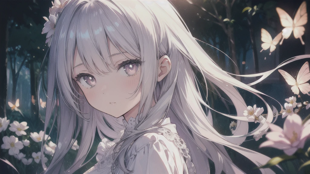 masterpiece, highest quality, female figure, white shiny eyes and hair, white nightgown, cute, (dynamic lighting:1.2), cinematic lighting, delicate features, fine eyes, sharp pupils, realistic student, Depth of bounds written, Bokeh, sharp focus, (very detailed, bloom, shine:1.4), mystical, lake and trees in background, mystic, glowy, dark, gloomy, silver butterflies