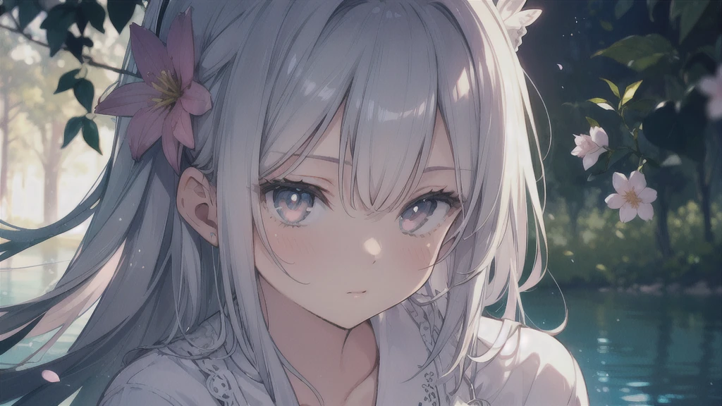 masterpiece, highest quality, female figure, white shiny eyes and hair, white nightgown, cute, (dynamic lighting:1.2), cinematic lighting, delicate features, fine eyes, sharp pupils, realistic student, Depth of bounds written, Bokeh, sharp focus, (very detailed, bloom, shine:1.4), mystical, lake and trees in background, mystic, glowy, dark, gloomy, silver butterflies