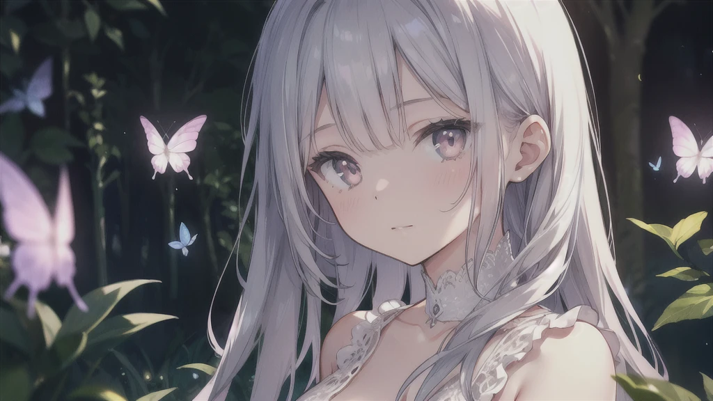 masterpiece, highest quality, female figure, white shiny eyes and hair, white nightgown, cute, (dynamic lighting:1.2), cinematic lighting, delicate features, fine eyes, sharp pupils, realistic student, Depth of bounds written, Bokeh, sharp focus, (very detailed, bloom, shine:1.4), mystical, lake and trees in background, mystic, glowy, dark, gloomy, silver butterflies