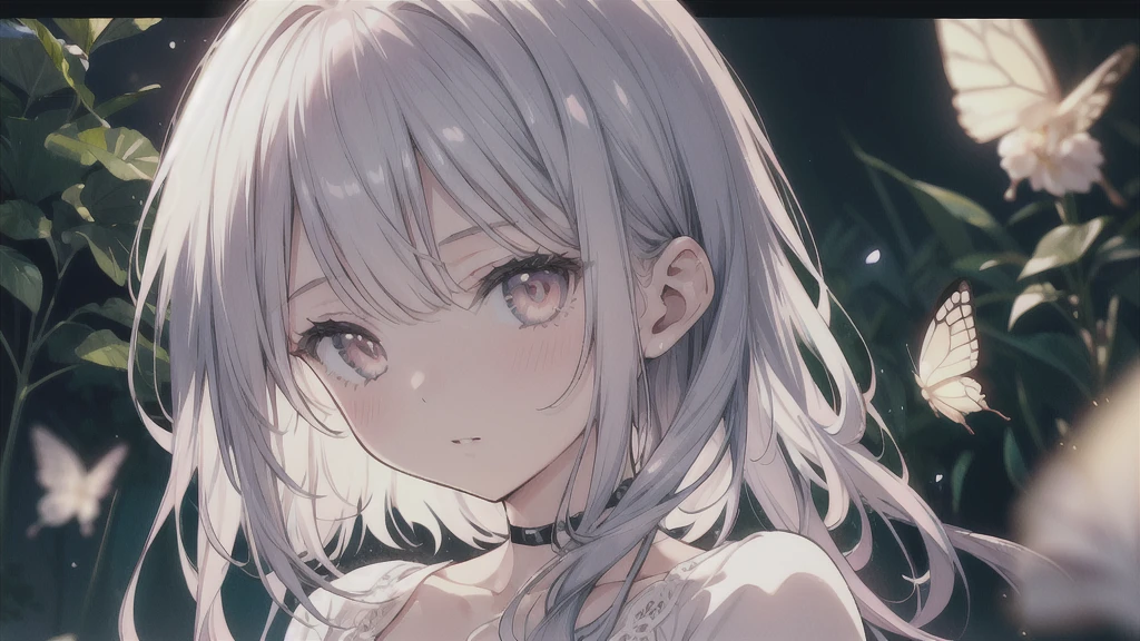 masterpiece, highest quality, female figure, white shiny eyes and hair, white nightgown, cute, (dynamic lighting:1.2), cinematic lighting, delicate features, fine eyes, sharp pupils, realistic student, Depth of bounds written, Bokeh, sharp focus, (very detailed, bloom, shine:1.4), mystical, lake and trees in background, mystic, glowy, dark, gloomy, silver butterflies