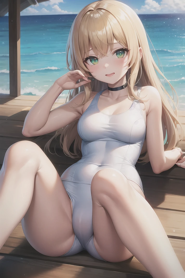 masterpiece, Highest quality, Perfect lighting, Facial lighting, Blonde, choker, Green Eyes, Long Hair, White swimsuit, Japanese ,blush, BREAK Watch Viewers, Outdoor rest, Sexy pose