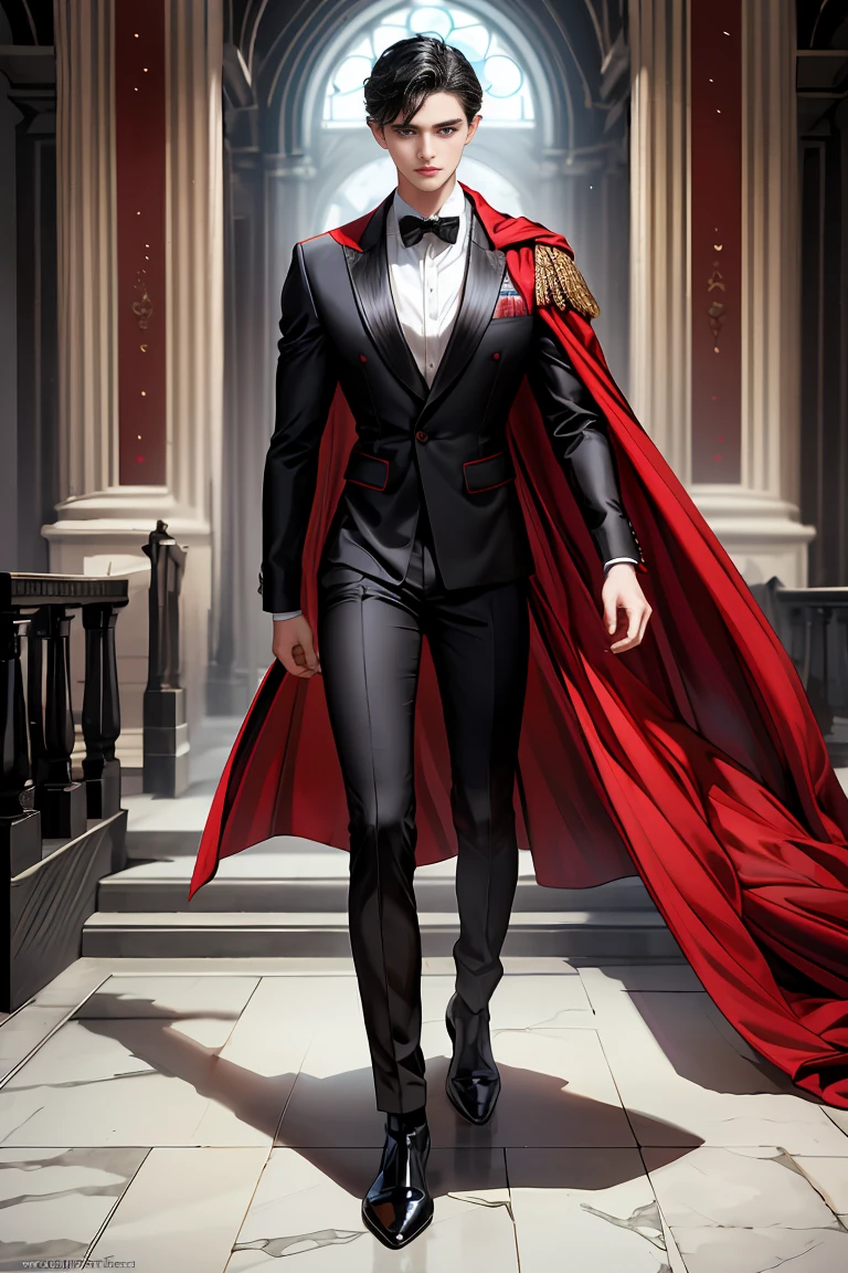 masterpiece, 最high quality, high quality, 1 boy, alone, Male focus, Watching the audience, Messy black hair, Adorable big blue eyes, White people, Noble, Noble,Sexy voluminous black and red cape、Tuxedo、A very voluminous, large, very large, very large, long, long red and black cape with a high stand-up collar, reaching down to the floor, made of a lot of fabric., 17 years old,Cute beautiful boys,Cute, cute, kind, handsome guy