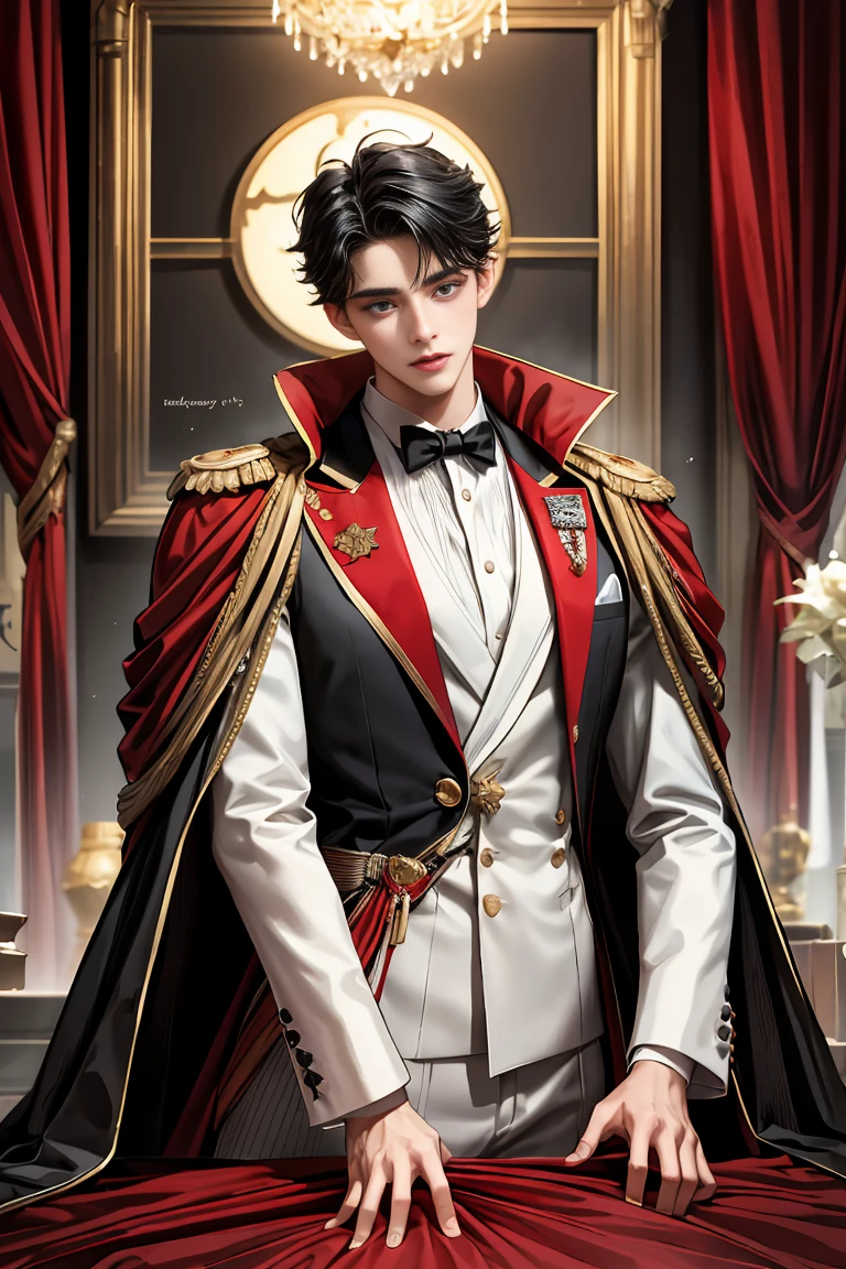 
masterpiece, 最high quality, high quality, 1 boy, alone, Male focus, Watching the audience,  Messy black hair, Adorable big blue eyes, White people, Noble, Noble,Sexy voluminous black and red cape、Tuxedo、A very voluminous, large, very large, very large, long, long red and black cape with a high stand-up collar, reaching down to the floor, made of a lot of fabric., ,Cute beautiful boys,Cute, cute, kind, handsome guy