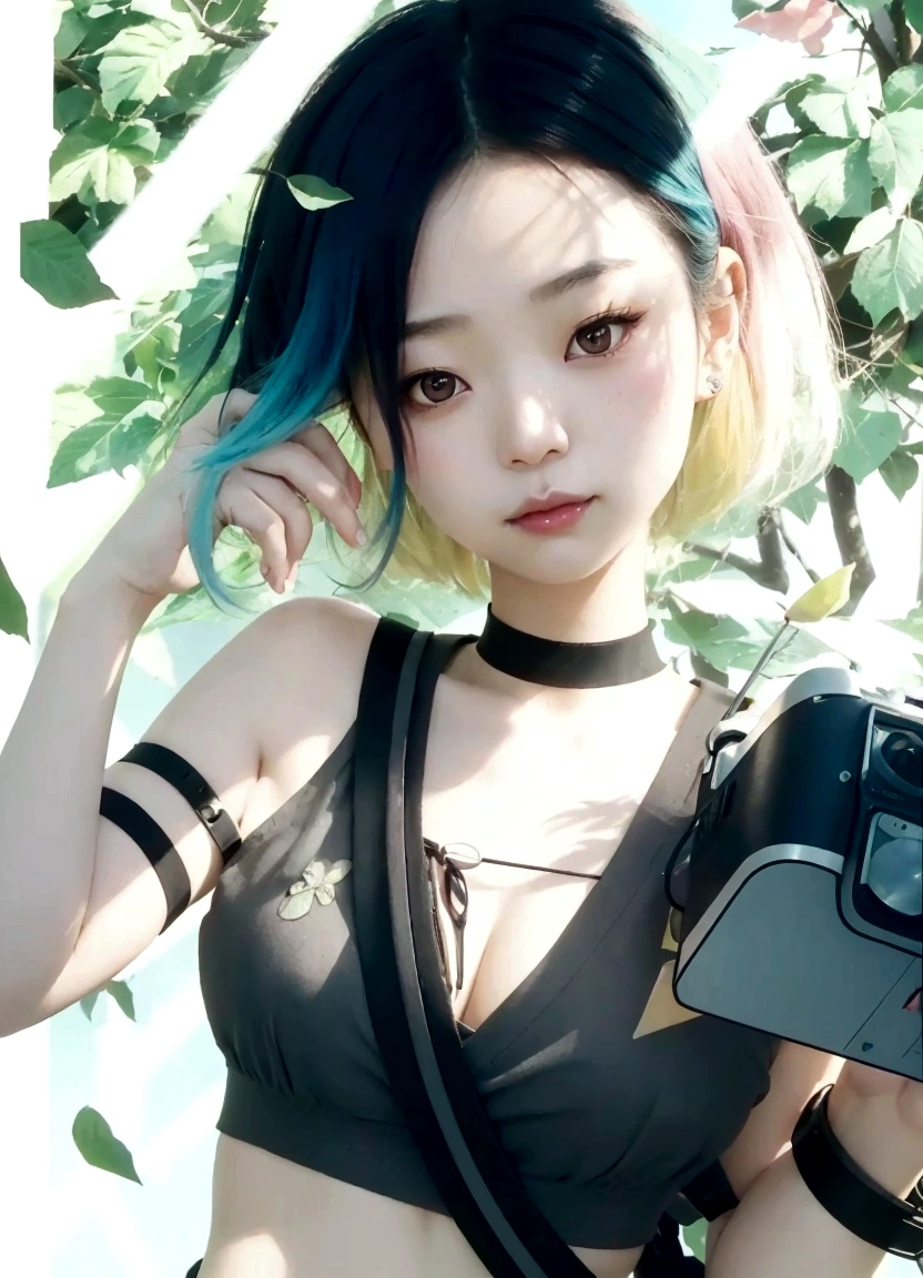 Selfie of a japanese young adult girl with light skin, brown eyes with a hint of pink eyeshadow and short blue hair with blonde tips at the bottom. She is holding a camera that is strapped on her shoulder and wearing a black choker and a grey crop top.