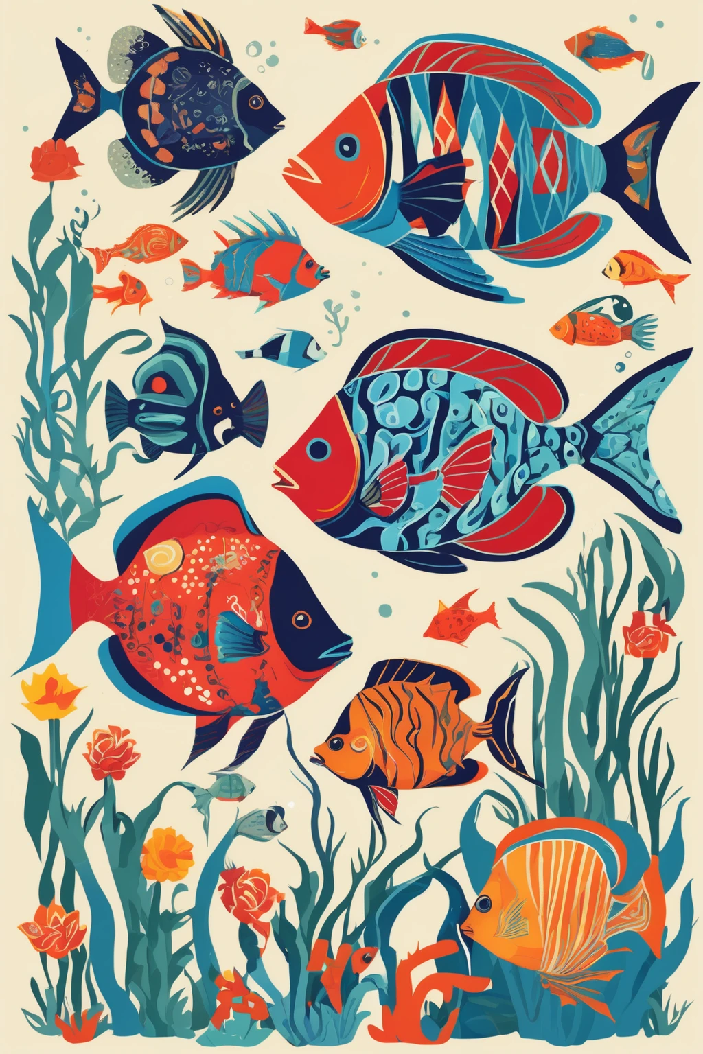 Folk Art, stylized figures. Tropical fish, harlequin fish, angel fish, cardinal fish, swim among aquatic plants.
Solid color background