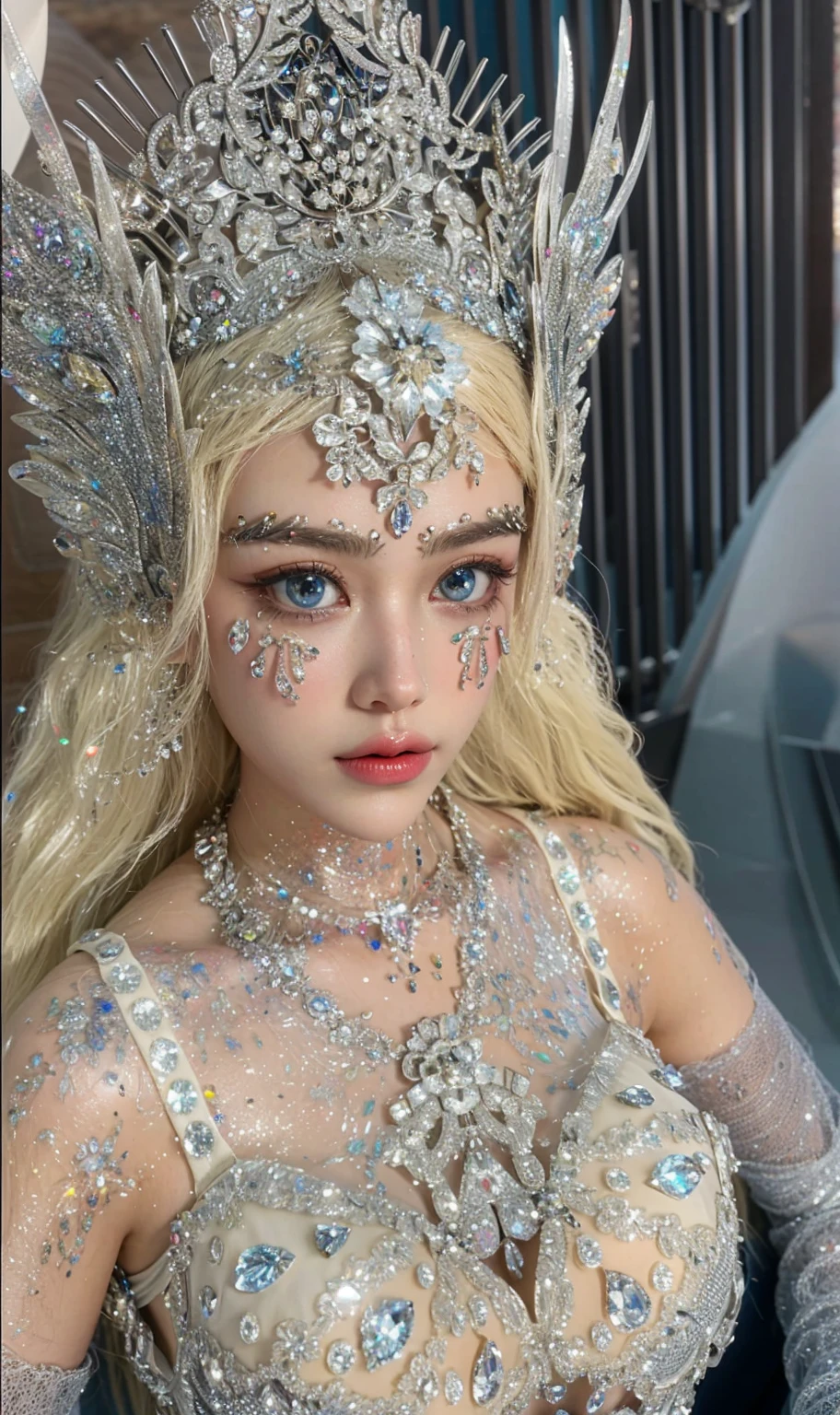 Game Art，Best image quality，Maximum resolution，8K，(A bust photo)，(portrait)，(Head close-up)，(Rule of Thirds)，Unreal Engine 5 rendering works，20 year old girl，((Queen))，The eyes are very detailed，(Large Breasts)，Elegance and nobility，Light，Light线追踪，Game CG，((3D Unreal Engine))，OC rendering reflection mode，4K，Ultra-clear，Sensual，Translucent lace，Fair and plump figure，Pretty Face，Light泽凝胶涂层，身着华贵礼服的Queen，Crystal Gem Crown，Necklace jewelry，blue eyes，The tattoo is very three-dimensional，Gorgeous and intricate tattoo designs，Ultra-clear portrait，Sexy body，Temple Princess，Sapphire eyes，Fine gold and diamond jewellery，Luxurious jewelry，Wearing diamond gemstone jewelry，Gorgeous jewelry all over the body，Pearl Necklace，Universe-class jewellery，