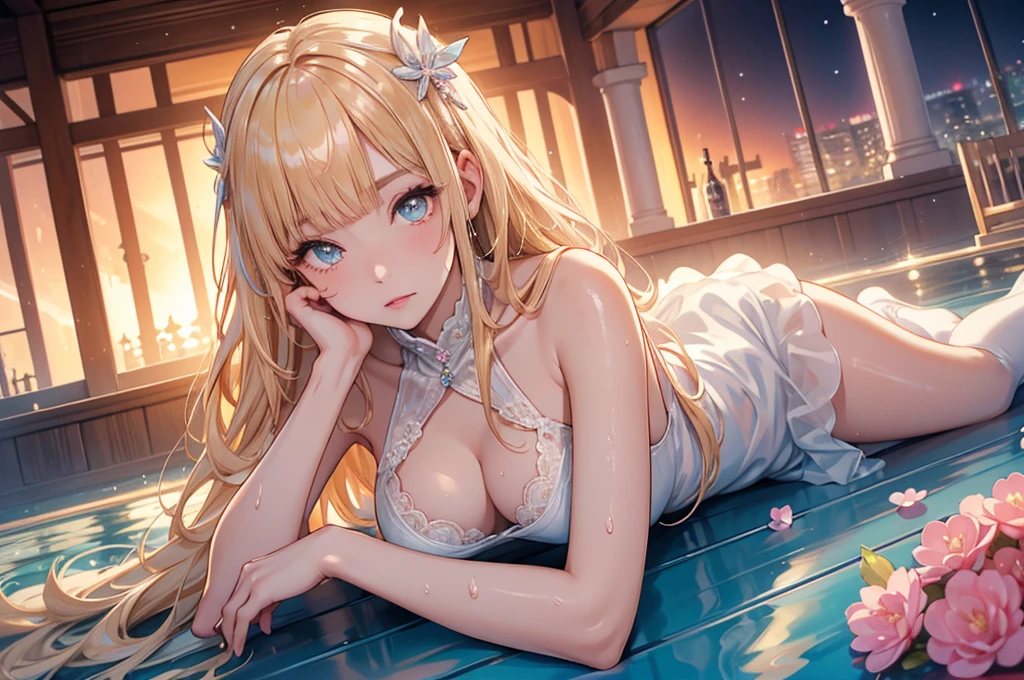 A large amount of sweat drips from the forehead, Overall orange background in the evening Sunset sunlight,Full body depiction on screen, Glaring Eyes Showing disgust Huddle together Blonde Long Hair anime Primary school students Romanesque style Super Curly Hair Super long sideburns See-throughの衣服 Wet and sheer pearl skin turtleneck wedding dress 3人の少女達がcuteポージング Pool at night Droopy eyes Peach ribbon headband 天蓋付きのcuteベッド Aqua Blue Rubber Sheets Aqua Blue Rubber Bed Lying down Sad face Embarrassing Blushing Wet and transparent pearl skin berry long skirt Wet and transparent pearl skin tights Wet and transparent pearl skin innerwear Rubber luster Multiple pink ribbons Soaked in the rain Wet and transparent pearl skin super long gloves Wet and transparent pearl skin pantyhose Hot Pink Garter Belt cute Pitiful clear Big eyes Droopy eyes Pale pink rouge Shocking Pink Pink Long Boots Wet and transparent pearl skin body See-through See-through Wet 衣服が汗で濡れてSee-through 全てWet The whole body is covered in oil and has a glossy appearance. Steam is coming out of my whole body Steam like a sauna room fills the entire screen. White breath from the mouth Highly detailed face, Perfect lighting, Highly detailed CG, (Perfect hands, Perfect Anatomy),Super detailed, The whole body is covered in glossy oil.