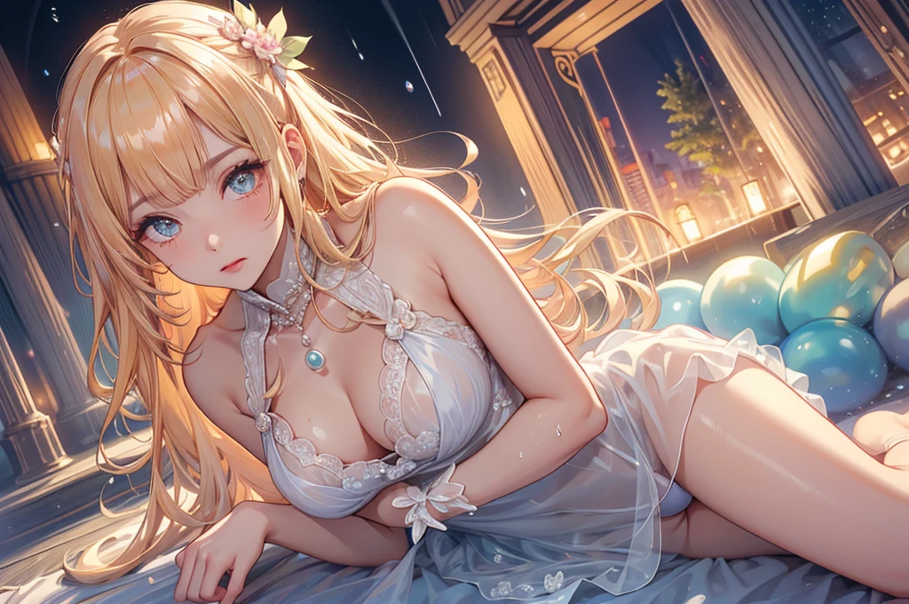 A large amount of sweat drips from the forehead,　Overall orange background in the evening　Sunset sunlight,Full body depiction on screen,　Glaring Eyes　Showing disgust　Huddle together　Blonde Long Hair　anime　　Romanesque style　 Super Curly Hair　Super long sideburns　See-throughの衣服　Wet and sheer pearl skin turtleneck wedding dress　３人の少女達がcuteポージング　Pool at night　Droopy eyes　Peach ribbon headband　天蓋付きのcuteベッド　Aqua Blue Rubber Sheets　Aqua Blue Rubber Bed　Lying down　Sad face　Embarrassing　Blushing　Wet and transparent pearl skin berry long skirt　Wet and transparent pearl skin tights　Wet and transparent pearl skin innerwear　Rubber luster　Multiple pink ribbons　Soaked in the rain　Wet and transparent pearl skin super long gloves　Wet and transparent pearl skin pantyhose　Hot Pink Garter Belt　cute　Pitiful　clear　Big eyes　Droopy eyes　Pale pink rouge　Shocking Pink Pink Long Boots　Wet and transparent pearl skin body　See-through　See-through　Wet　衣服が汗で濡れてSee-through　全てWet　The whole body is covered in oil and has a glossy appearance.　Steam is coming out of my whole body　Steam like a sauna room fills the entire screen.　White breath from the mouth　Highly detailed face, Perfect lighting, Highly detailed CG, (Perfect hands, Perfect Anatomy),Super detailed,　The whole body is covered in glossy oil.