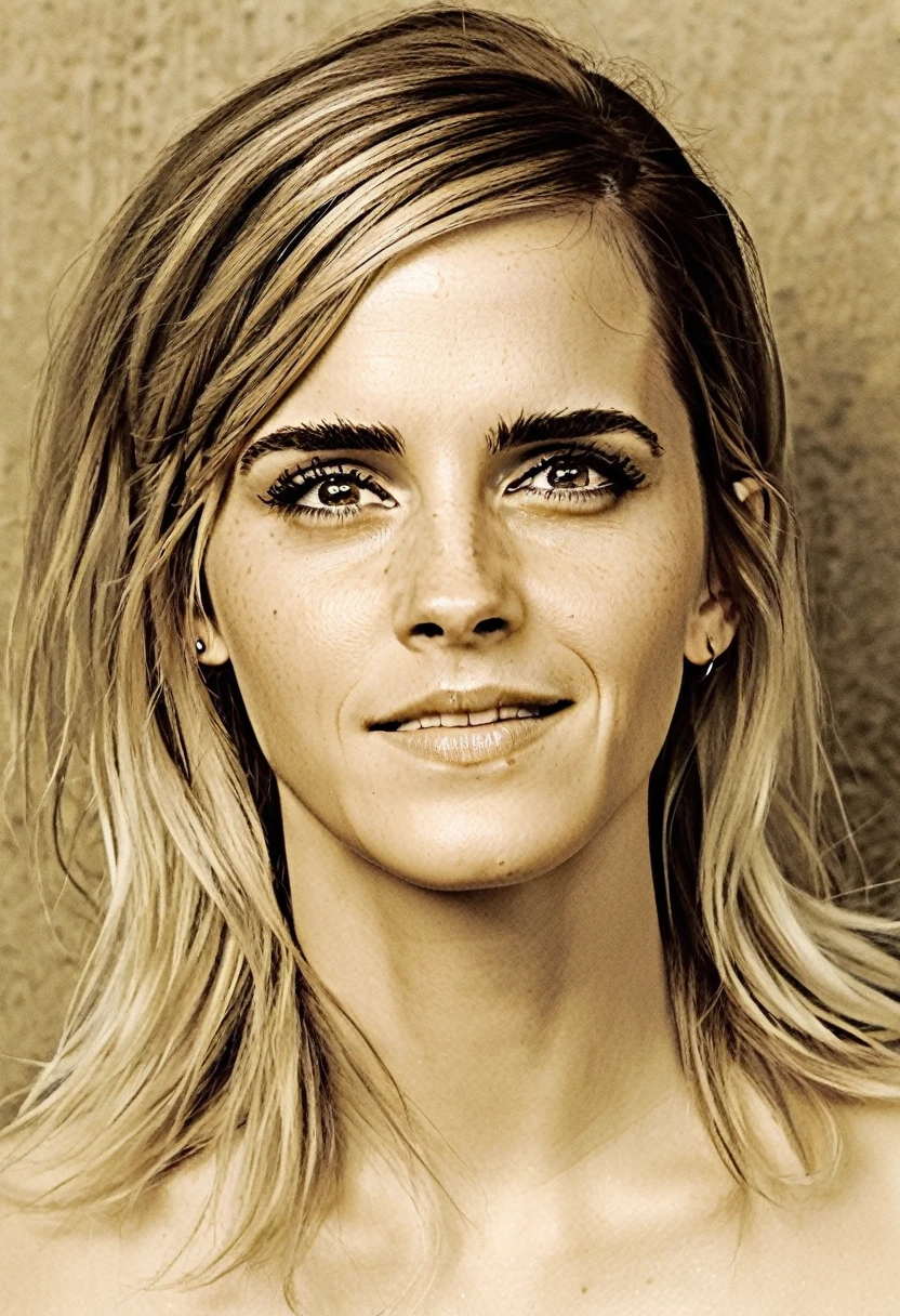 high quality  sexy photography of Emma Watson, long white blonde messi hair, happy, laughing, eyes open, perfect eyes, vintage style, highly detailed, very detailed skin texture,  (looking at viewer:1.4), full body,
  