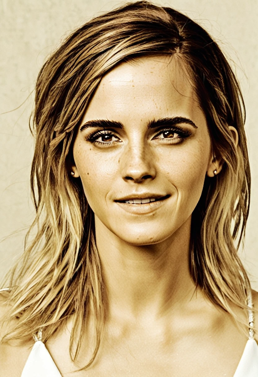 high quality  sexy photography of Emma Watson, long white blonde messi hair, happy, laughing, eyes open, perfect eyes, vintage style, highly detailed, very detailed skin texture,  (looking at viewer:1.4), full body,
  