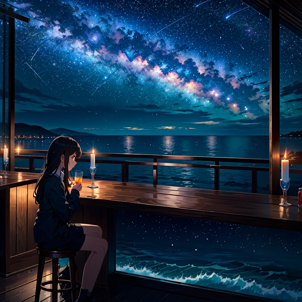 Bar in the sky, 1girl, solo, alone, sitting at bar counter, from side, drinking, (ocean:1.3), candles, starry sky, shooting stars, masterpiece, best quality, ultra detailed,bar