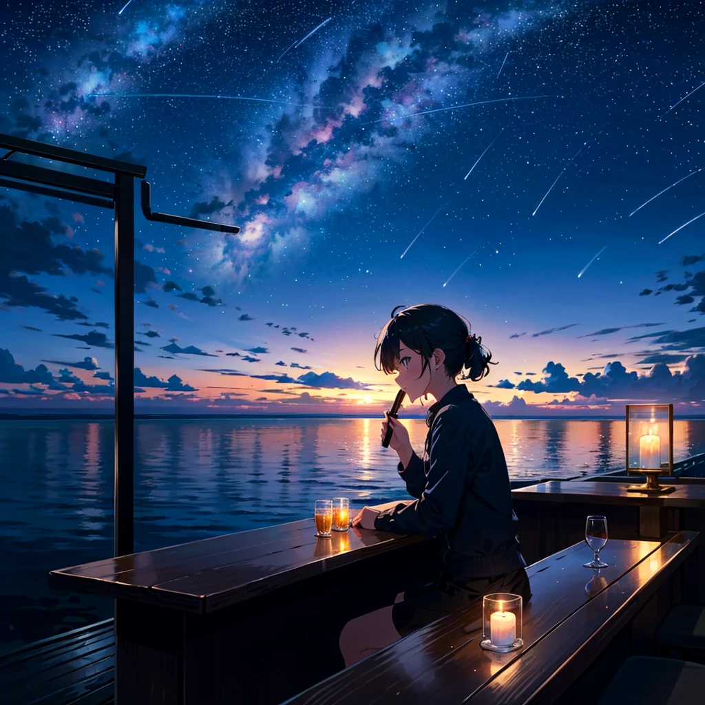 Bar in the sky, 1girl, solo, alone, sitting at bar counter, from side, drinking, (ocean:1.3), candles, starry sky, shooting stars, masterpiece, best quality, ultra detailed,bar
