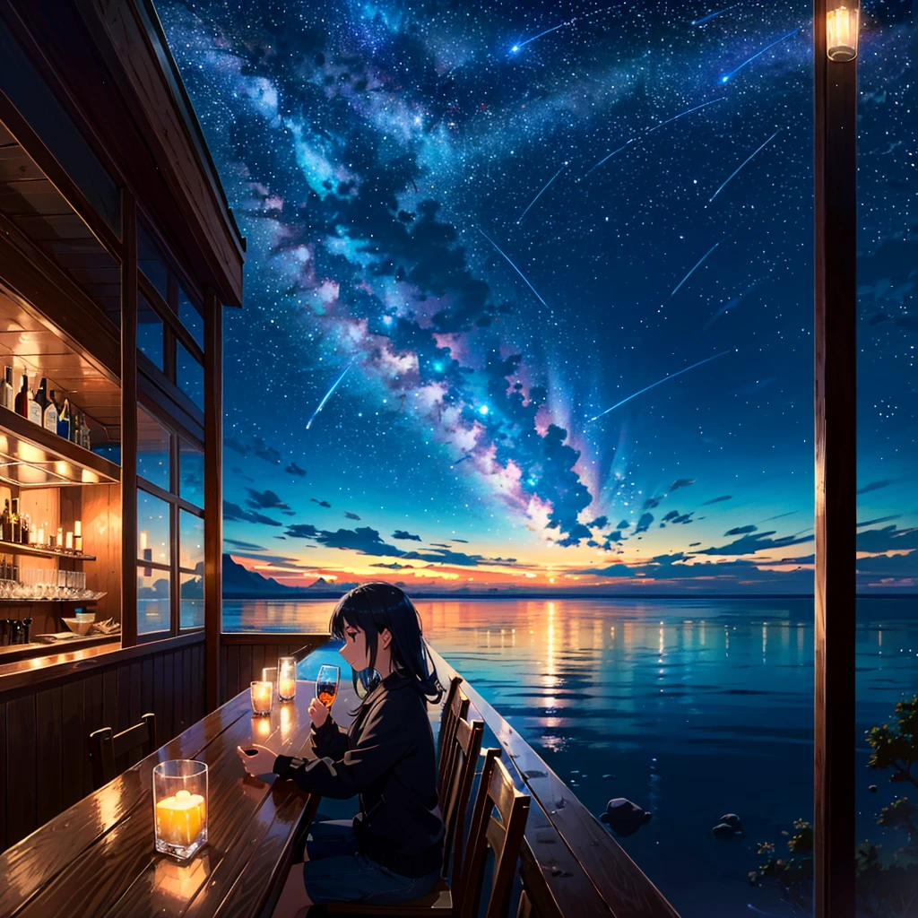 Bar in the sky, 1girl, solo, alone, sitting at bar counter, from side, drinking, (ocean:1.3), candles, starry sky, shooting stars, masterpiece, best quality, ultra detailed,bar