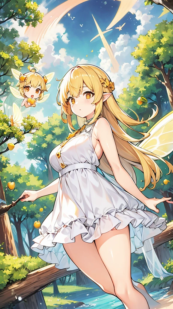 Showing the whole body, cute, , big breasts, flying in the sky, in the forest, simple white dress, long hair, alone, short, fairy wings, honey blonde hair, lemon tree, orange eyes