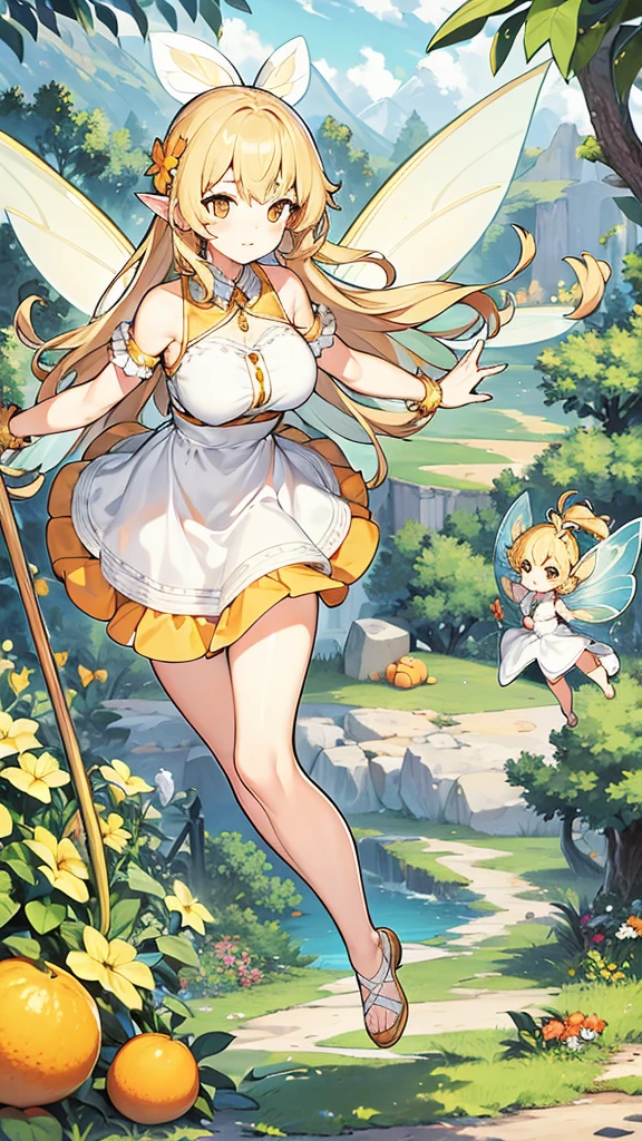 Showing the whole body, cute, , big breasts, flying in the sky, in the forest, simple white dress, long hair, alone, short, fairy wings, honey blonde hair, lemon tree, orange eyes
