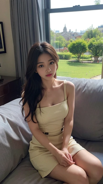 1 Girl,living room,Sitting on the sofa,Soft Light,Chinese Beauty,Tight Fit,dress,Dark-haired,long hair,