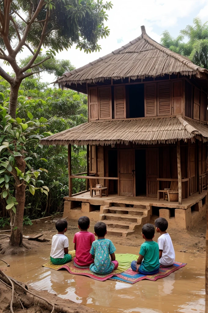 make a picture of a house made of wood, where there is a clild taking care of his sister on the window, and their parents arriving with a kuliglig from the farm. there are some children playing outside