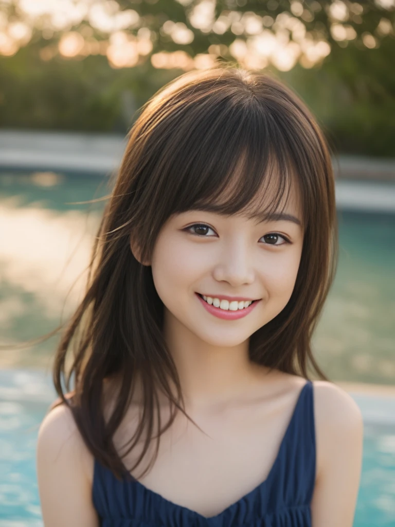 Only one girl、((perfect bodies)))、(masterpiece)、((top-quality))、(Ultra-detail)、((extremely delicate and beautiful))、(((incredibly absurdness)))、((perfect bodies)))、((A darK-haired+Seiko-chan Cut))、((Looking at the camera))、{{{motherly}}}、、Happy smile、Camisole、pool+Background with、dynamic ungle、female focus on、{Particles of light}、Meticulous background with、((paul hedley)))、Soft lighting、Evening glow、brilliant sunset、Happy smile、Live action、realisitic、Angle from above、cute smile face、the background is blurred.7 years old、being thin、Beautiful teeth、pores、bodyhair、(eyes looking at viewer)