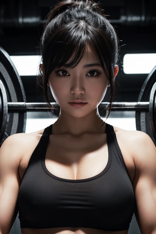 Portrait Photogram，The background is blurred，High contrast，High saturation，Woman with swelling all over her body，muscles are defined，Grab the barbell，In the gym，Fitness，Hentai Realism，Ultra-realistic，Realistic portraits，4K，8K，Volumetric Lighting