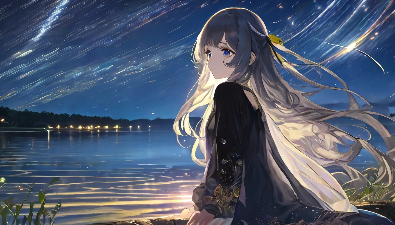 (best quality:1.3), (masterpiece:1.3), (illustration:1.3), (Extremely detailed:1.3), firefly \(Collapse: Star Trails\), 1 Girl, Solitary, Long hair, Bangs, skirt, Long sleeve, Hair accessories, Gray hair, Black hair band, Medium breasts, Hair between the eyes,Lakeside at night,Bright light